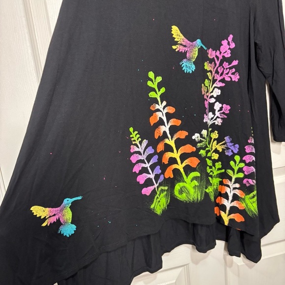 RAFFI Top Large Womens Watercolor Handpainted Lagenlook Art to Wear Hummingbird - Picture 5 of 9